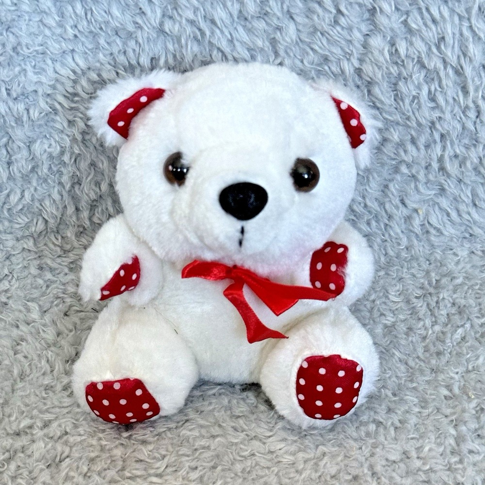 Walmart White Plush Bear Toy Red‎ Polka Dot Accents Sitting Stuffed Animal